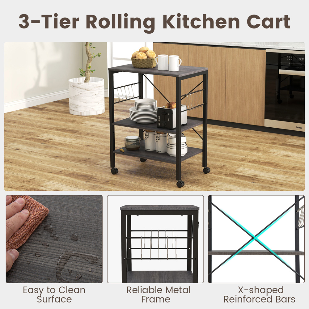 Costway 3 Shelf Black Storage Trolley with Removable Hooks Image 7