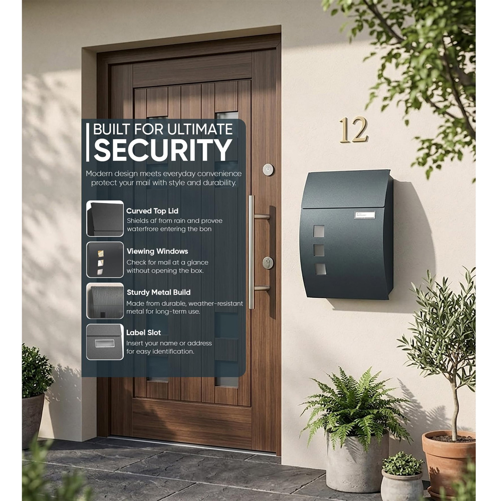ATEK Black Steel Large Wall-Mounted Lockable Letterbox with 2 Keys Image 5