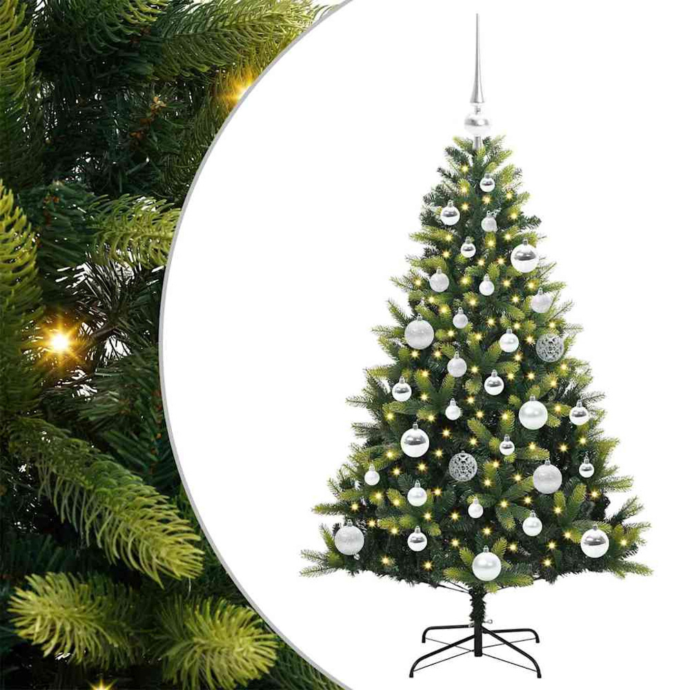vidaXL Pre-Lit Silver Baubles Green Artificial Hinged Christmas Tree 4ft Image 2