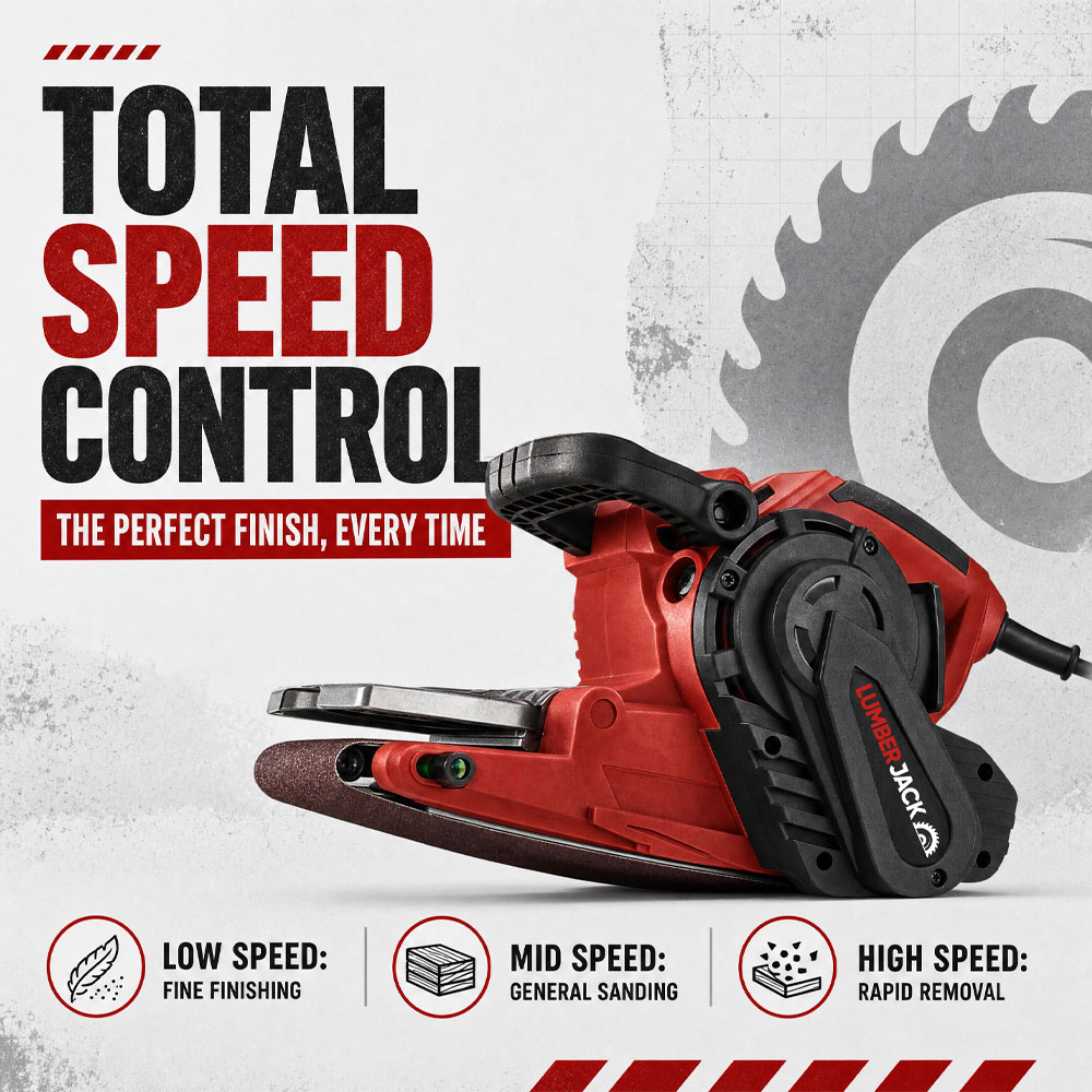 Lumberjack EBS76 230V 1010W Red Electric Belt Sander with Dust Bag and Sanding Belts 76 x 533mm Image 3