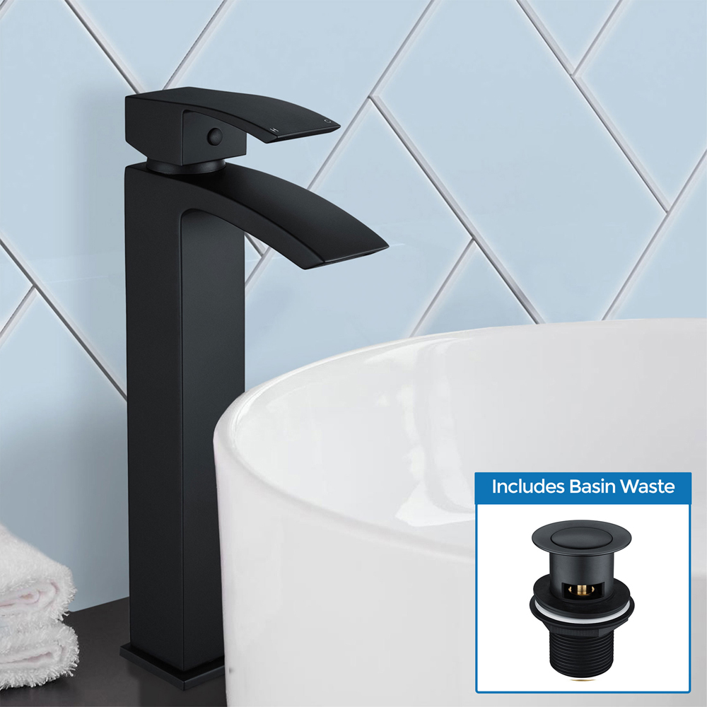 Nes Home Nexa Waterfall Matte Black High Rise Basin Mono Mixer Tap with Waste Image 2