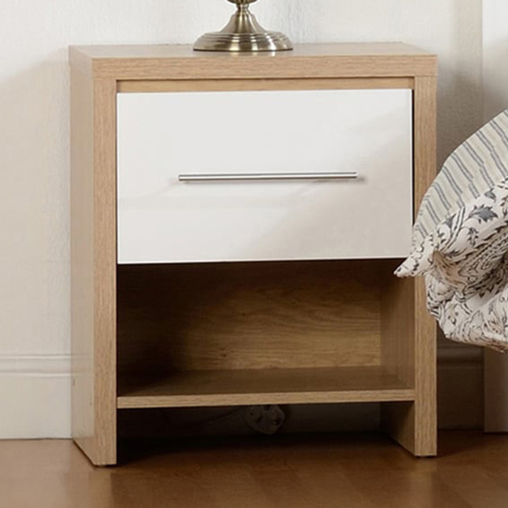 Seconique Seville Single Drawer White Gloss Light Oak Effect Veneer Bedside Table Image 1