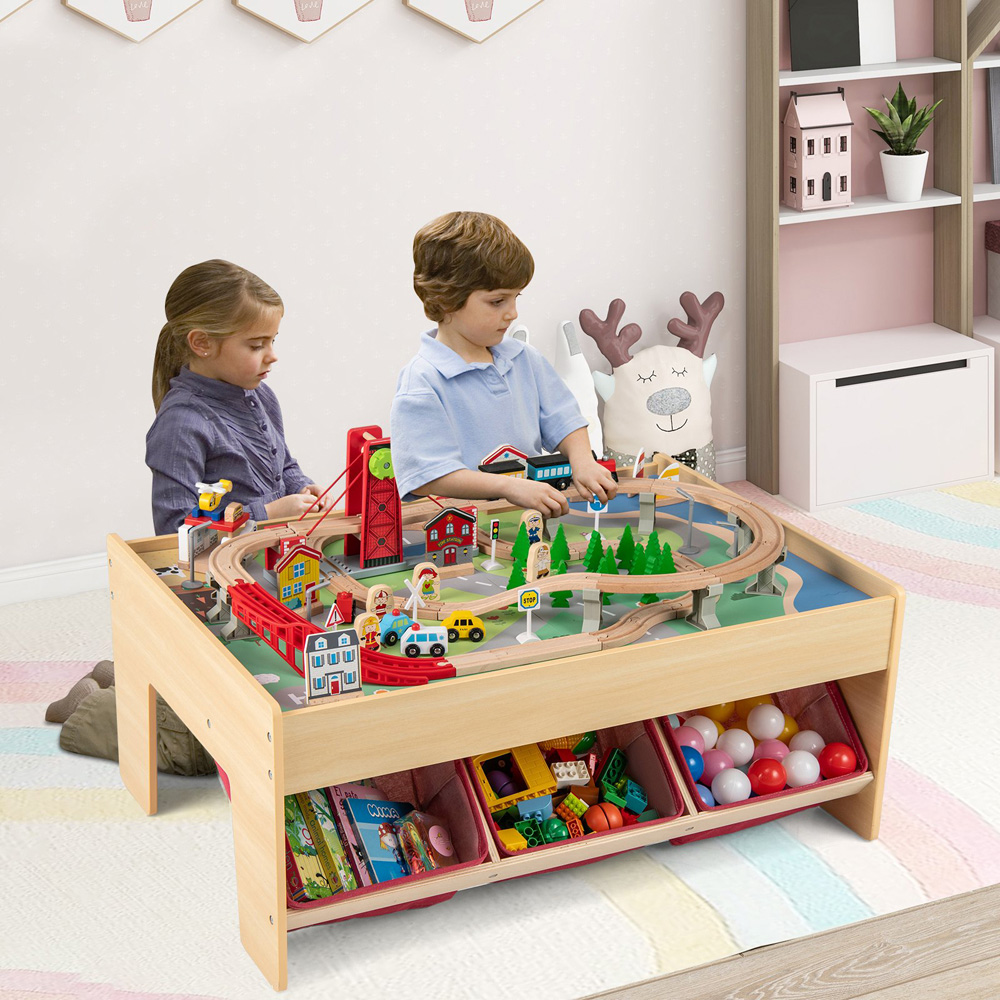 Costway Red 3 Fabric Drawer Wooden Train Set Table with Reversible Tabletop Image 3