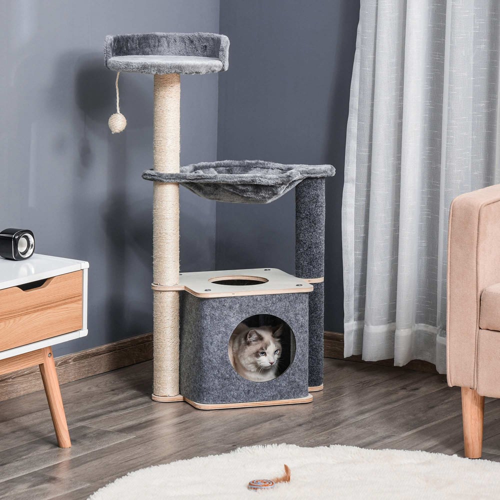 PawHut Grey Cat Tree Tower Climbing Activity Centre with Sisal Scratching Post Image 2