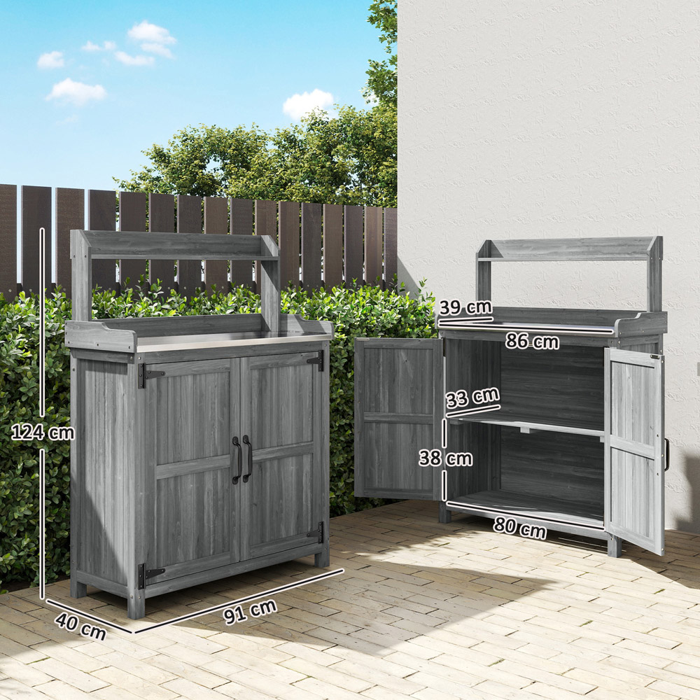 Outsunny Wooden Potting Bench Table with Aluminium Worktop and Top Shelf Image 9