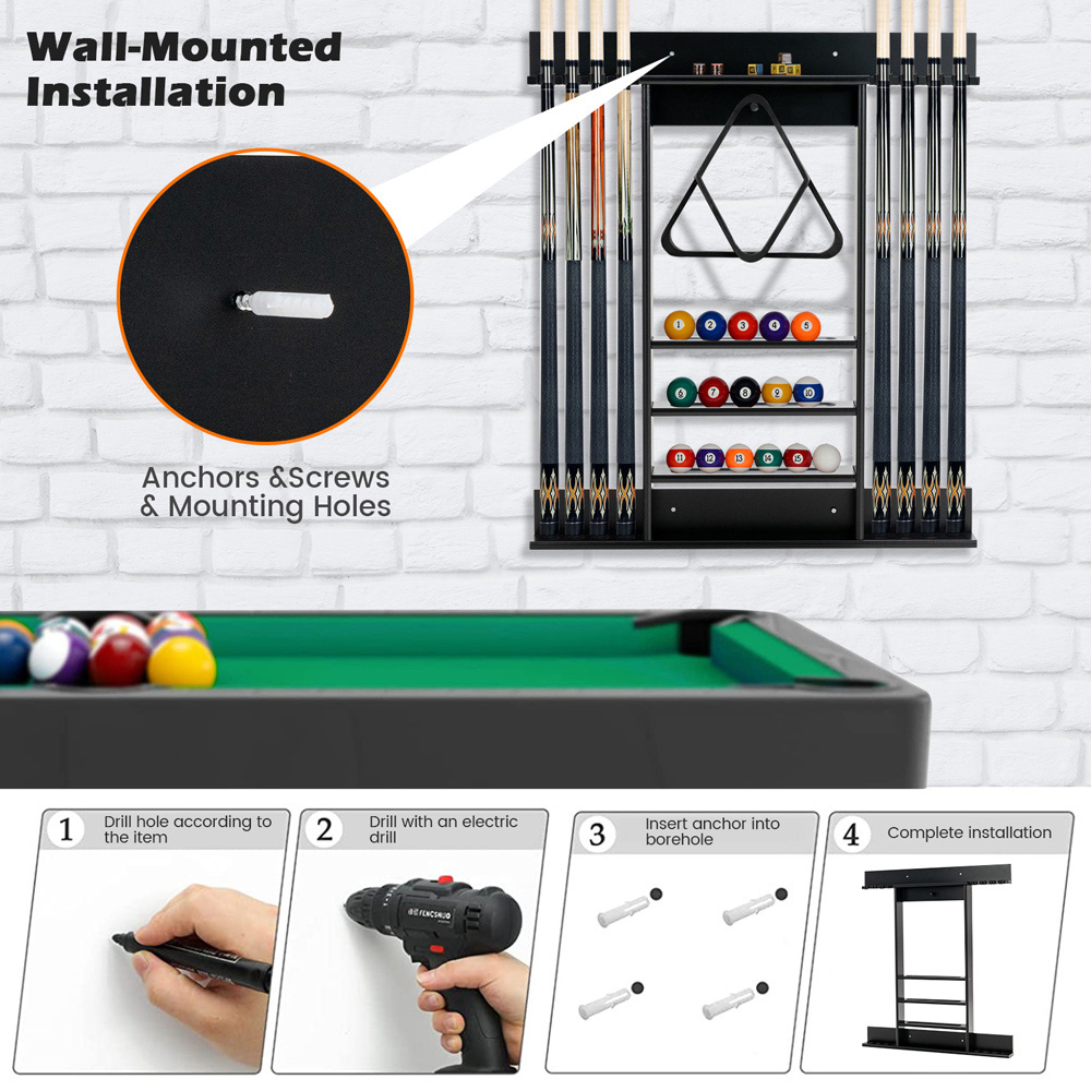 Costway Black Wall Mounted Billiard Pool Cue Rack Image 5