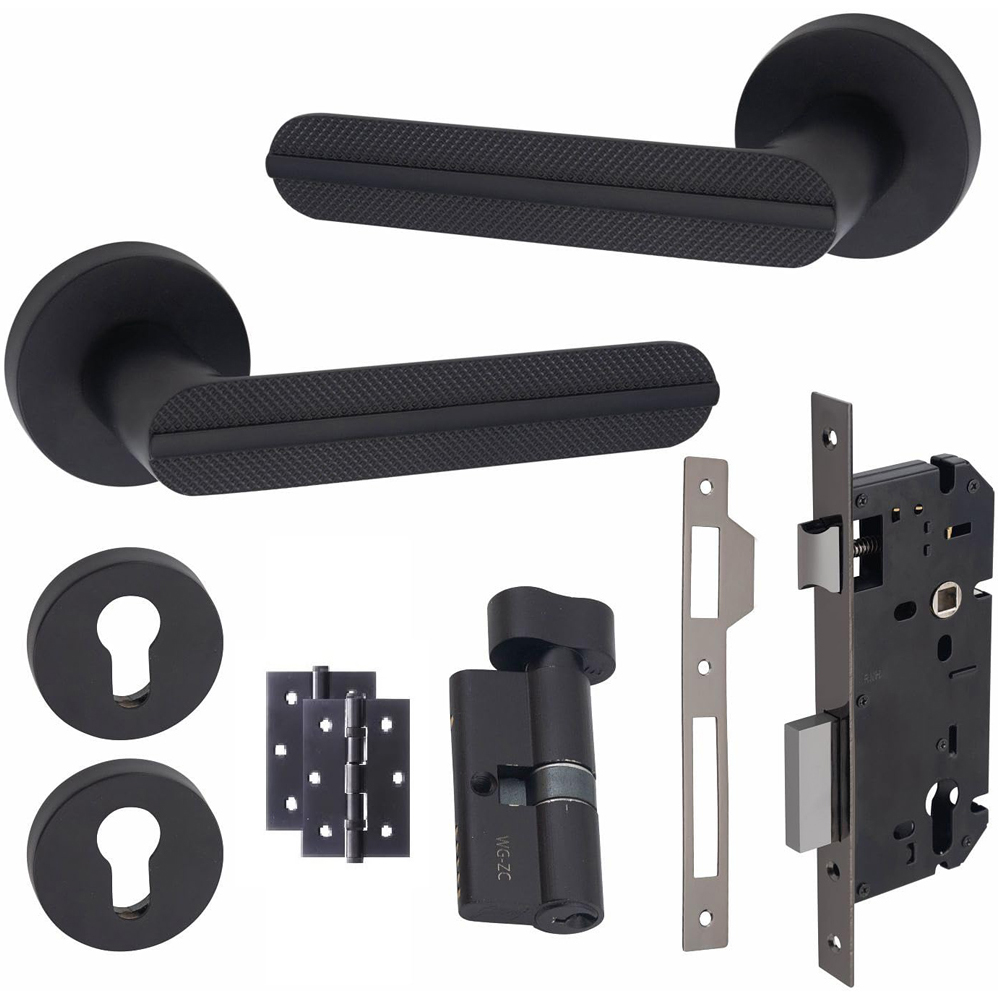 Golden Grace Matt Black Modern Lima Euro Lock Door Handle Set 70mm Image 1