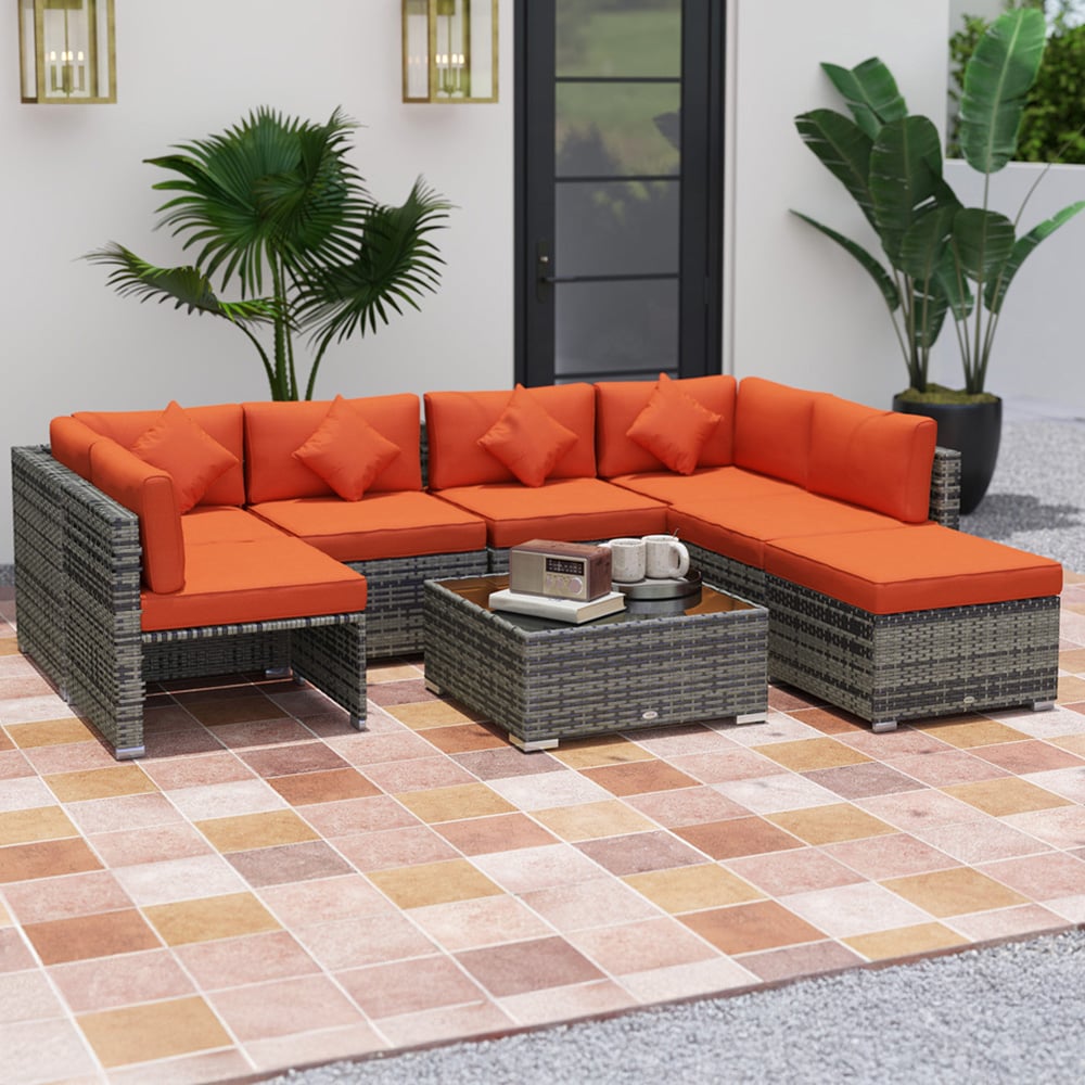 Outsunny 7 Seater Rattan Patio Sofa Set Orange Image 1
