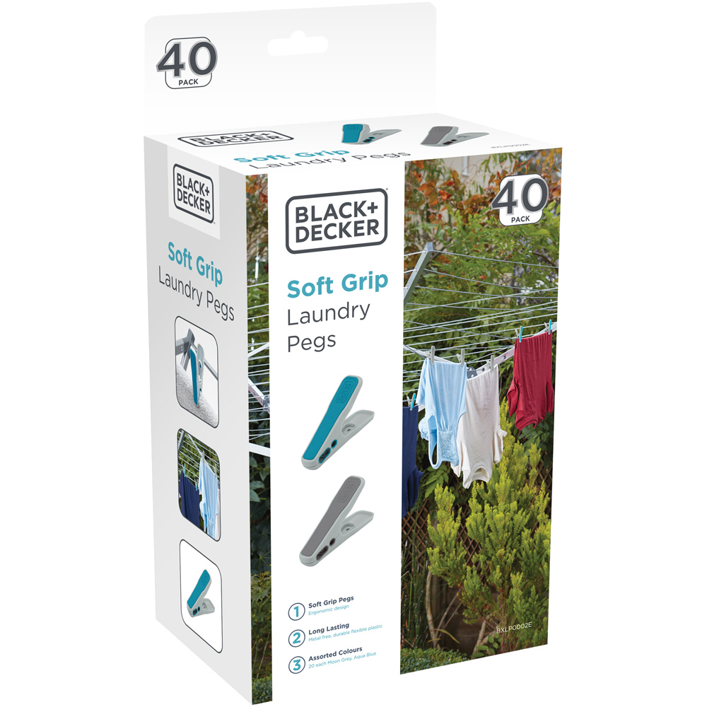 BLACK DECKER Aqua and Moon Grey Soft Grip Clothes Pegs 40 Pack Wilko