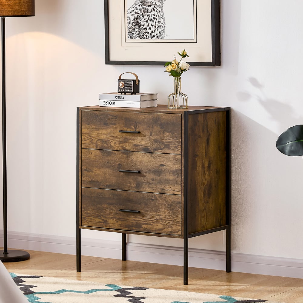 Vida Designs Brooklyn 3 Drawer Dark Wood Rustic Metal Frame Chest of Drawers Image 4