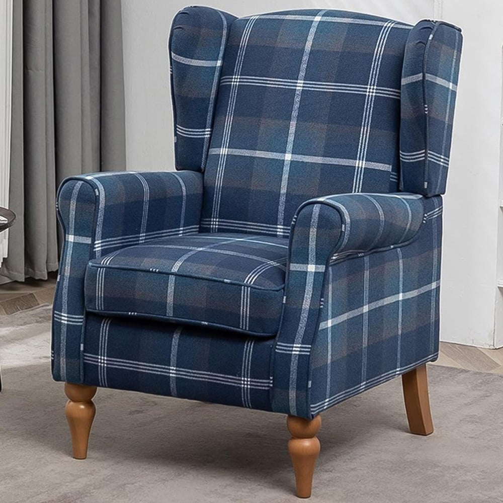 Furniture One Blue Check Fabric Wing Back Fireside Armchair Image 1