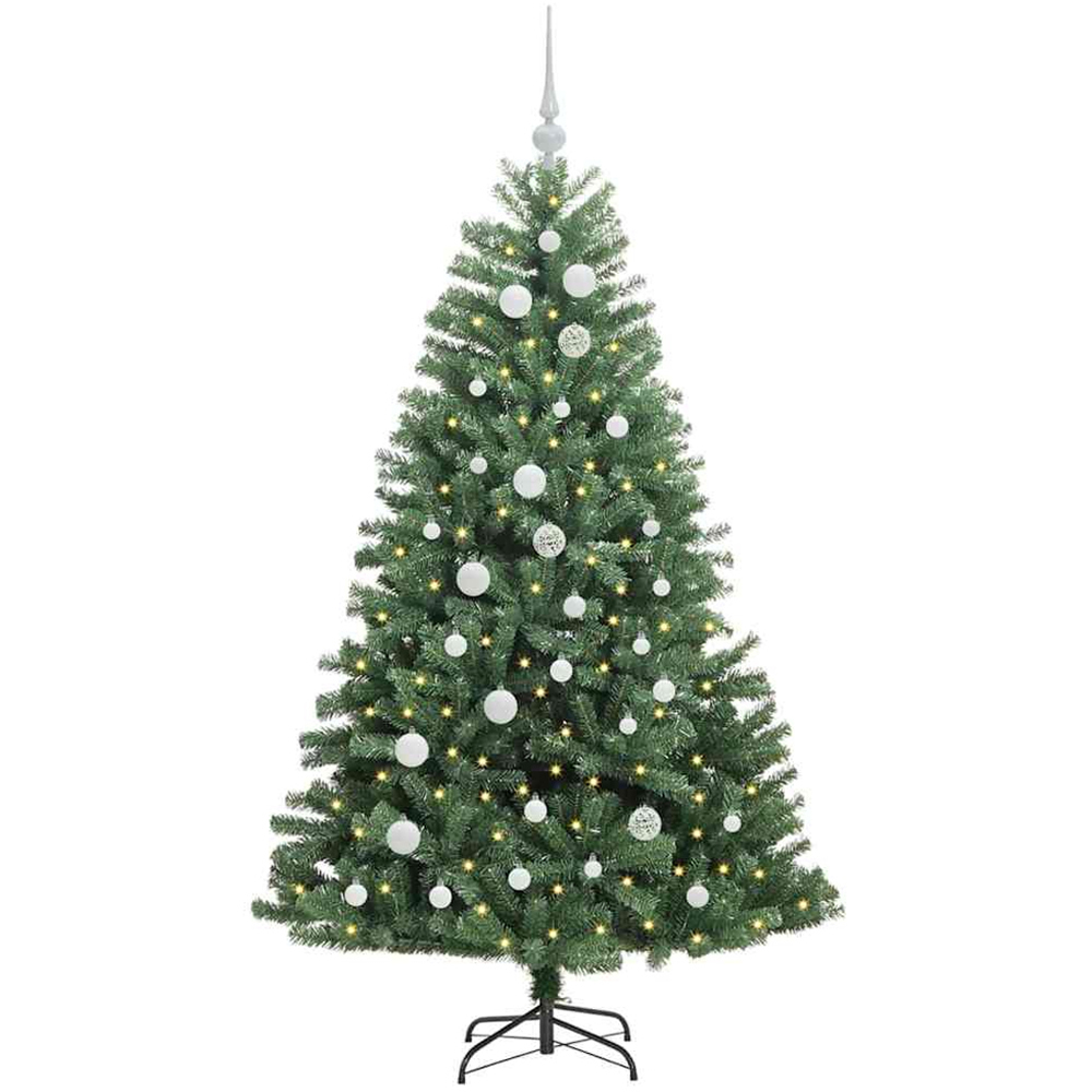 vidaXL Pre-Lit White Baubles Green Artificial Hinged Christmas Tree 5ft Image 1
