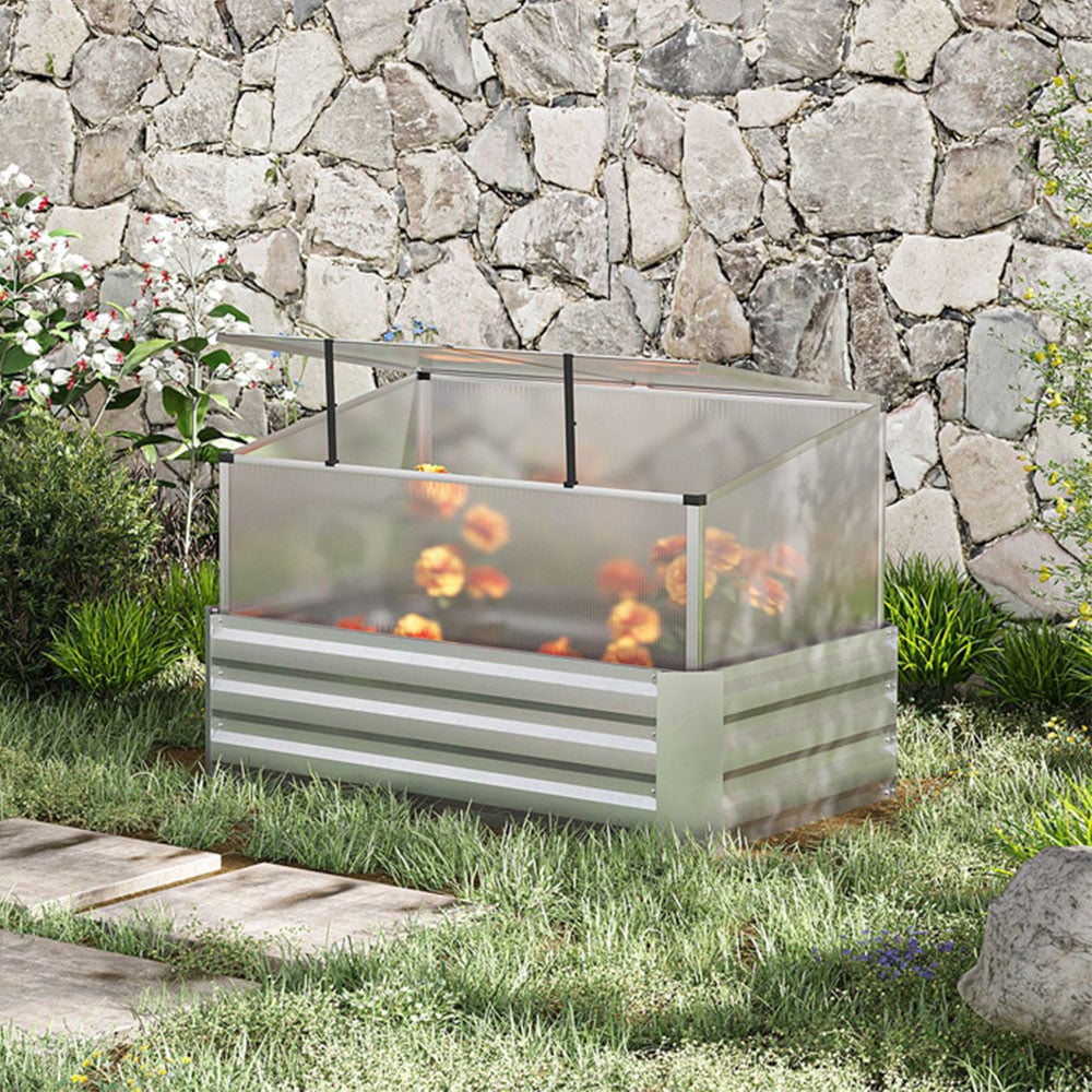 Outsunny Grey and White Raised Bed Garden Box Planter with Greenhouse Image 2