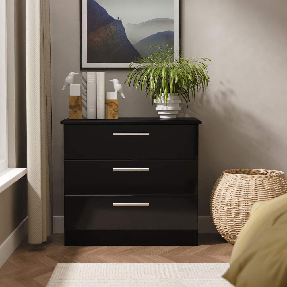 Crowndale Knightsbridge 3 Drawer Black Gloss and Black Chest of Drawers Ready Assembled Image 7