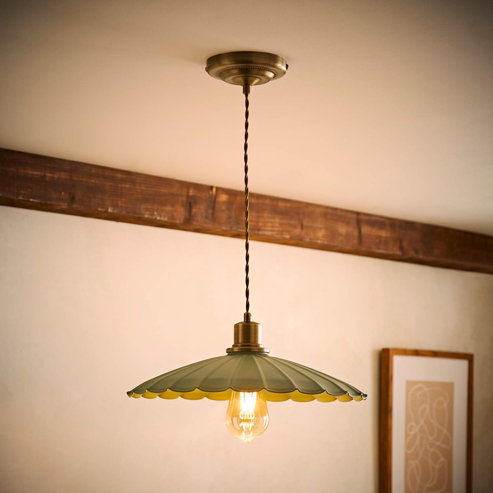 ValueLights Holborn Moss Green Scallop Metal Shade Brushed Gold Pendant Light with Bulb Image 6
