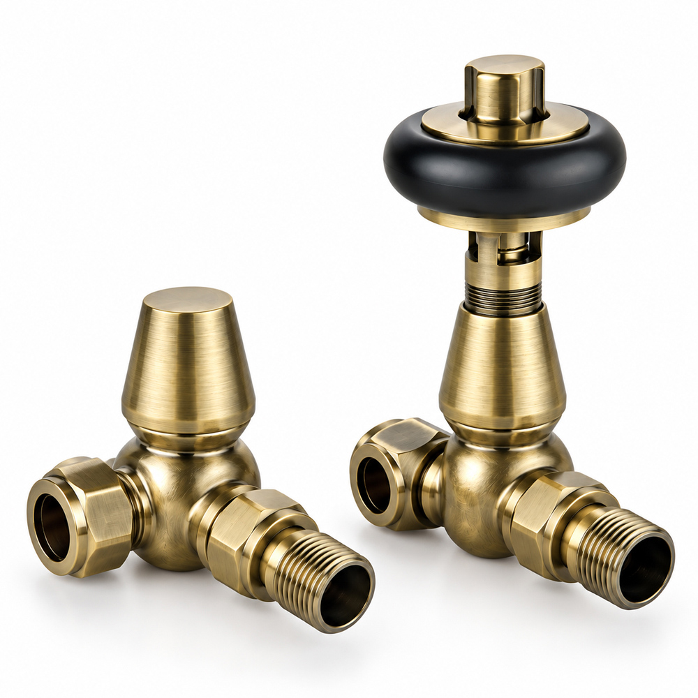 Go Bathrooms Ria Antique Brass Wooden Head Corner Radiator Valves Set 15mm Image 2