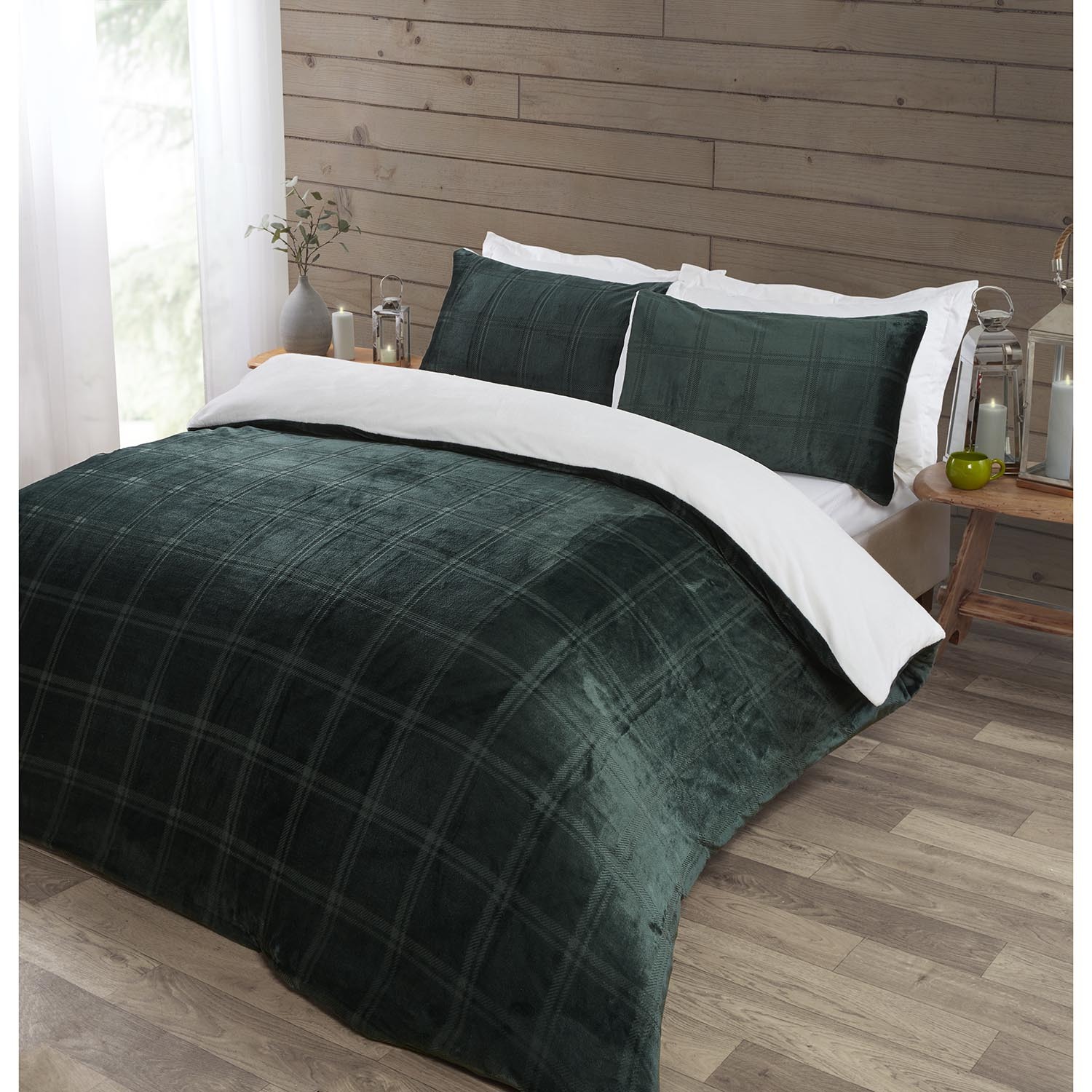 Halston King Size Green Check Fleece Duvet Cover and Pillowcase Set Image 2