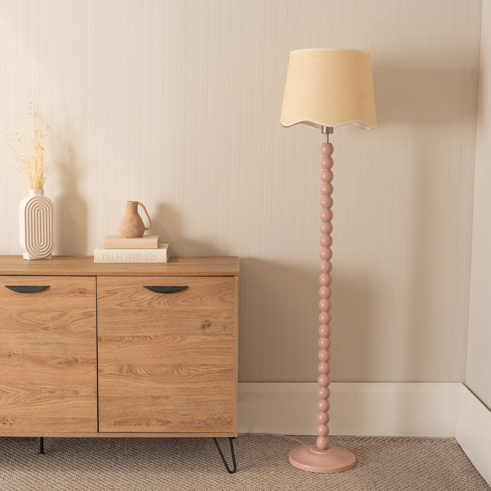 ValueLights Bobbins Linen Scallop White Trim Shade Painted Rose LED Floor Lamp Image 3