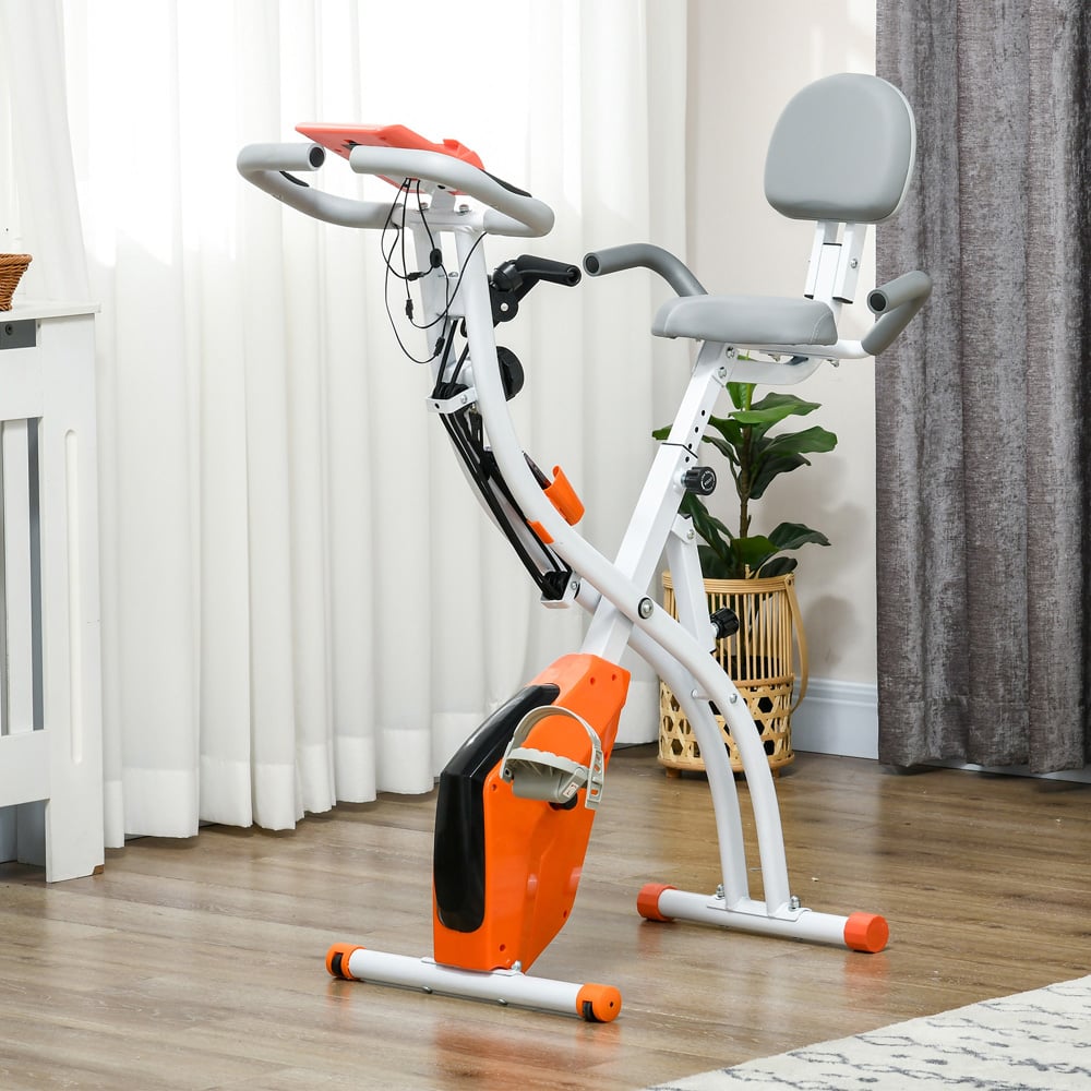 HOMCOM 2 in 1 Orange Magnetic Resistance Folding Exercise Bike Image 2