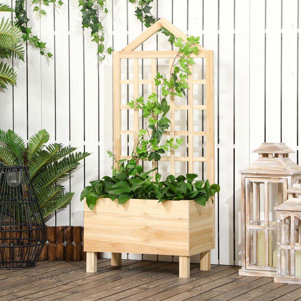 Outsunny Natural Wooden Planter with Trellis 147 x 43 x 60cm Image 2
