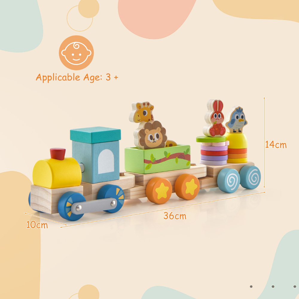 Costway Wooden Stackable Train Set with Colourful Animal Toys Image 9