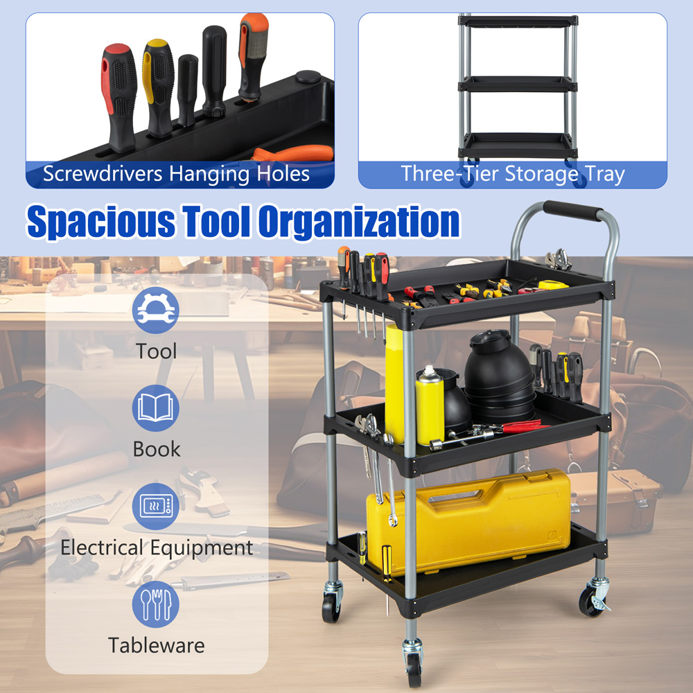 Costway 3 Shelf Black Utility Cart Image 5