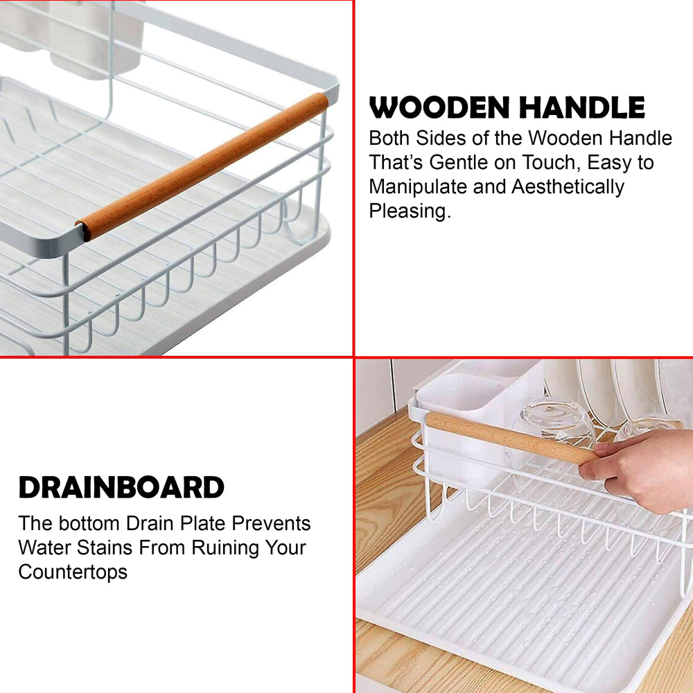 ATEK White Wooden Handle Dish Drying Rack with Drain Tray and Cutlery Holder Image 8