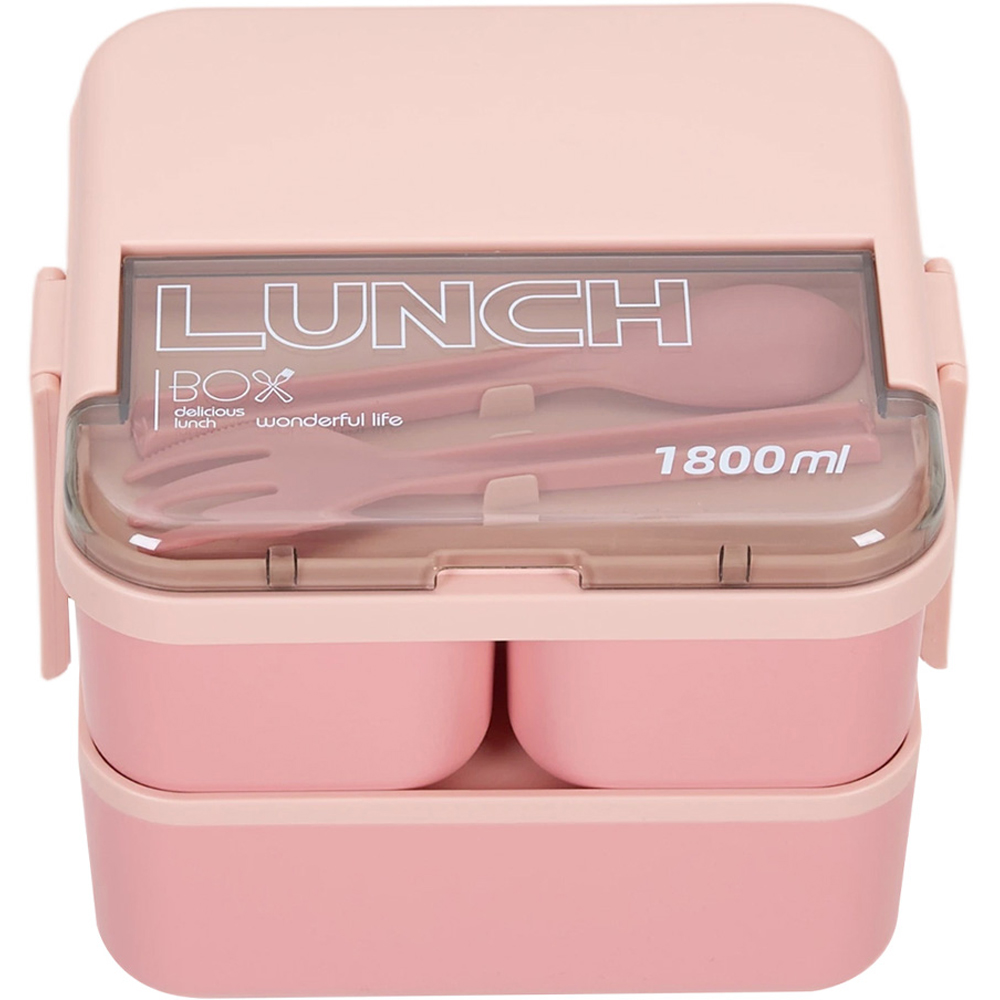 Living and Home 1.8L 2-Tier Pink Lunch Box with Cutlery and 2 Top Compartments Image 2