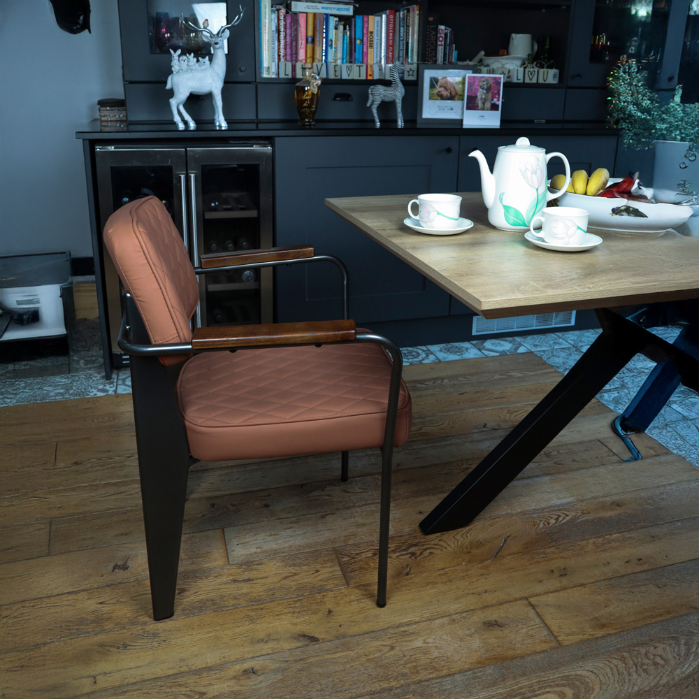 MMT Furniture Designs Set of 2 Tan Vintage Diamond Stitch Dining Chair with Wooden Armrests Image 4