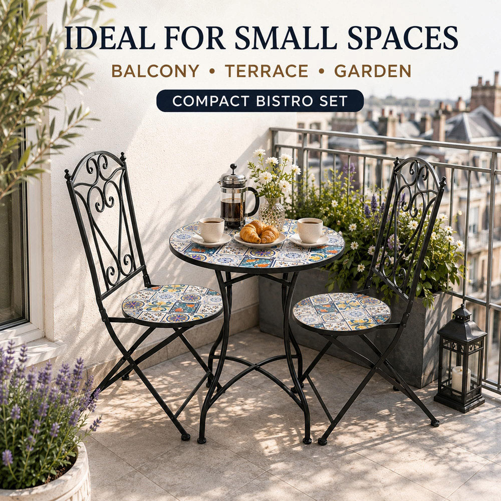 Shatchi Lisbon 2 Seater Mosaic Ceramic Tile Top Foldable Bistro Set Image 4
