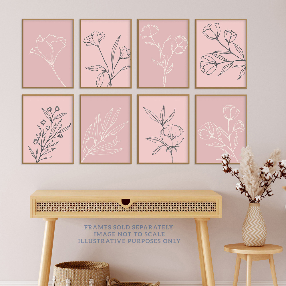 Wee Blue Coo Pastel Pink Line Boho Floral Art Wall Art Print 30 x 41cm 8 Pack Image 2