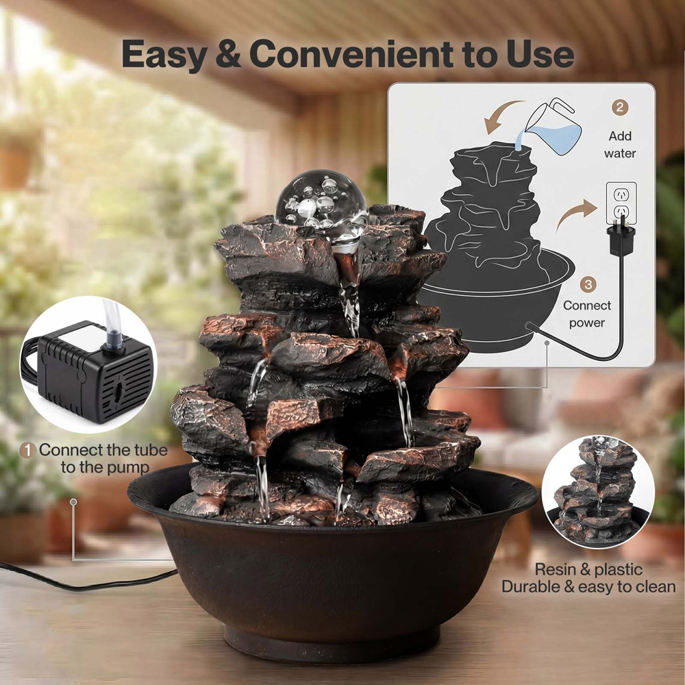 Spector Brown Resin 3 Speed Flow Tabletop Water Fountain with Glass Ball Image 7