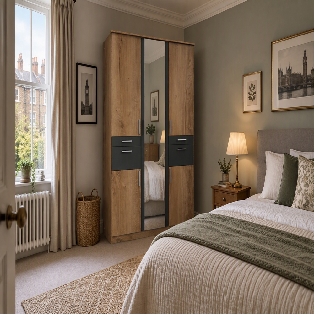 TJ'S Lyon 5 Door 4 Drawer Natural Mirrored Wardrobe Image 4