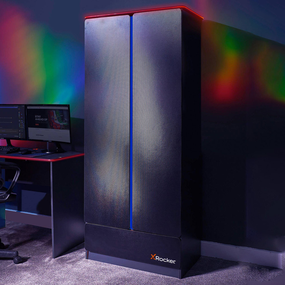 X Rocker Carbon-Tek 2 Door Grey and Blue Wardrobe with Neo Fibre LED Lights Image 1