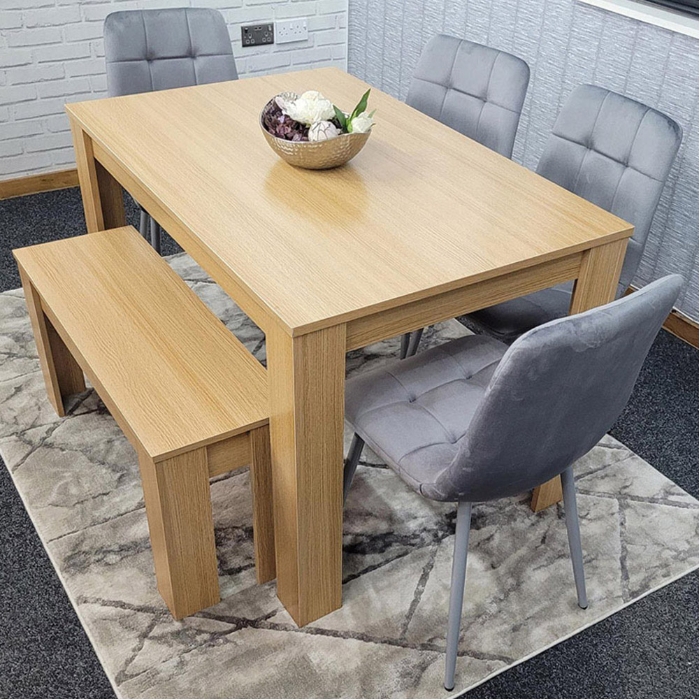 Portland 6 Seater Velvet Dining Bench Set Oak Effect and Grey Image 1
