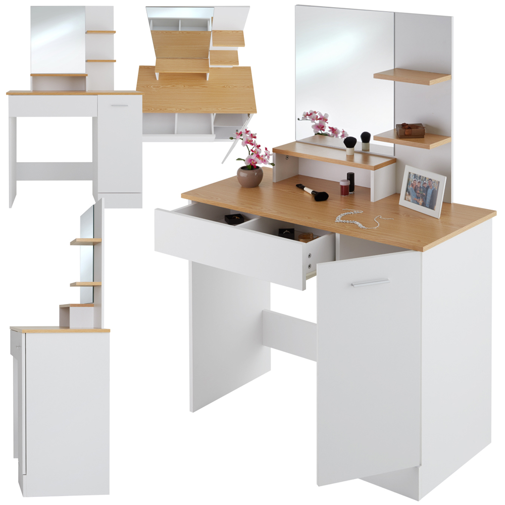 tectake Zoe Single Door Single Drawer 3 Shelf White and Beech Dressing Table Set with Mirror Image 2