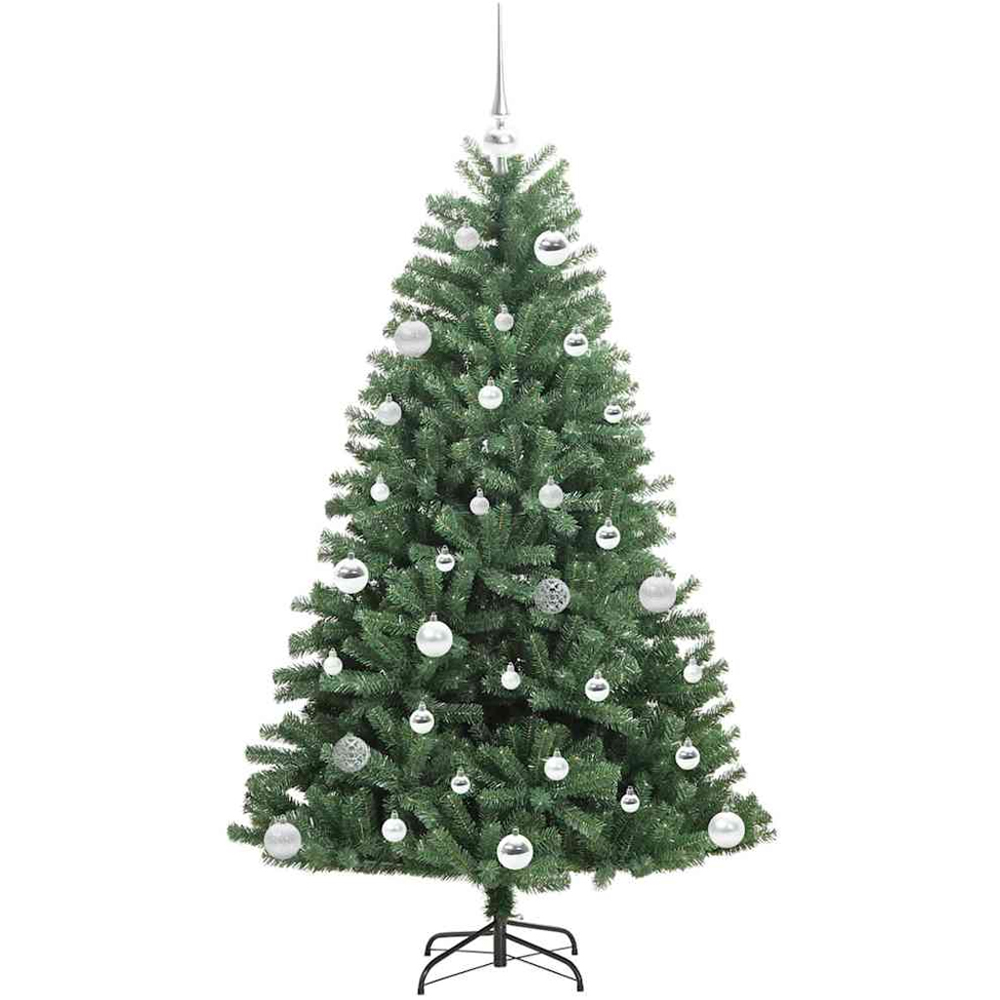 vidaXL Pre-Lit Silver Baubles Green Artificial Hinged Christmas Tree 5ft Image 4