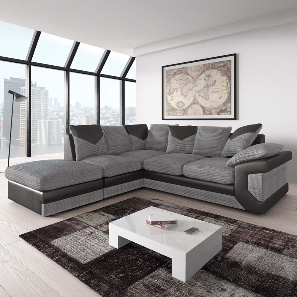 Portland Dino Black and Grey Left Hand Corner Sofa with Footstool Image 1