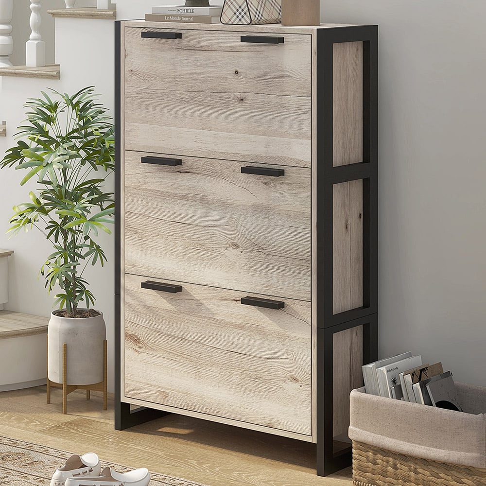 Portland 3 Drawer Natural Wood Effect Shoe Cabinet Image 1