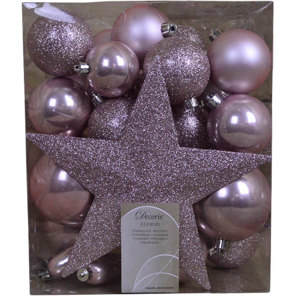 Samuel Alexander Blush Pink Assorted Shatterproof Christmas Baubles with Star Tree Topper 33 Pack Image 1