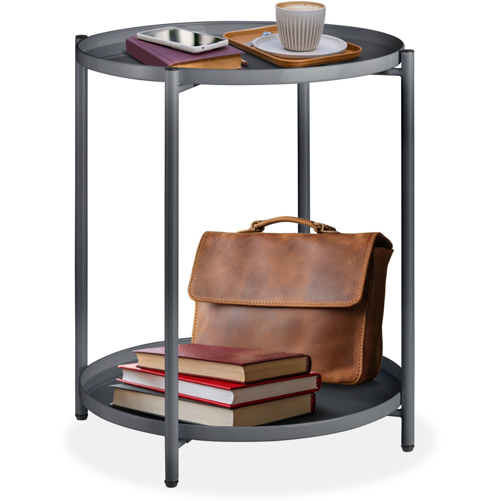 tectake Oxford 2 Shelf Dark Grey Round Bedside Table Image 2