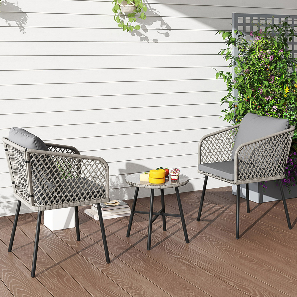 Outsunny 2 Seater Grey Rattan Bistro Set with Cushions Image 1
