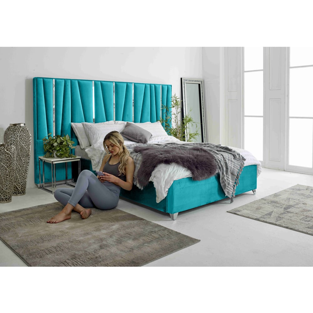 Eleganza Mila King Size Teal Plush Velvet Bed Frame with Lined Headboard Image 9