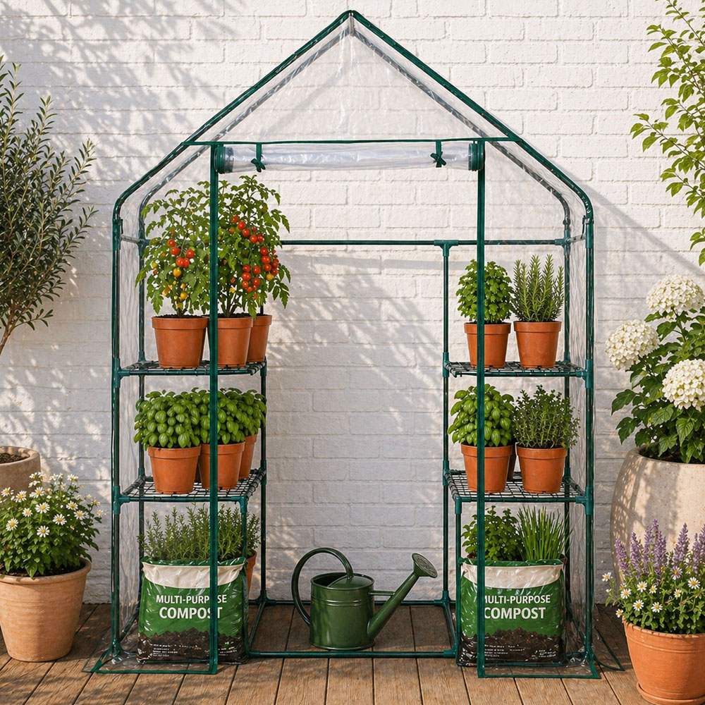 Neo 4 Shelf Green Galvanised Steel and PVC 4.7 x 2.4ft Mini Walk-In Greenhouse Image 2