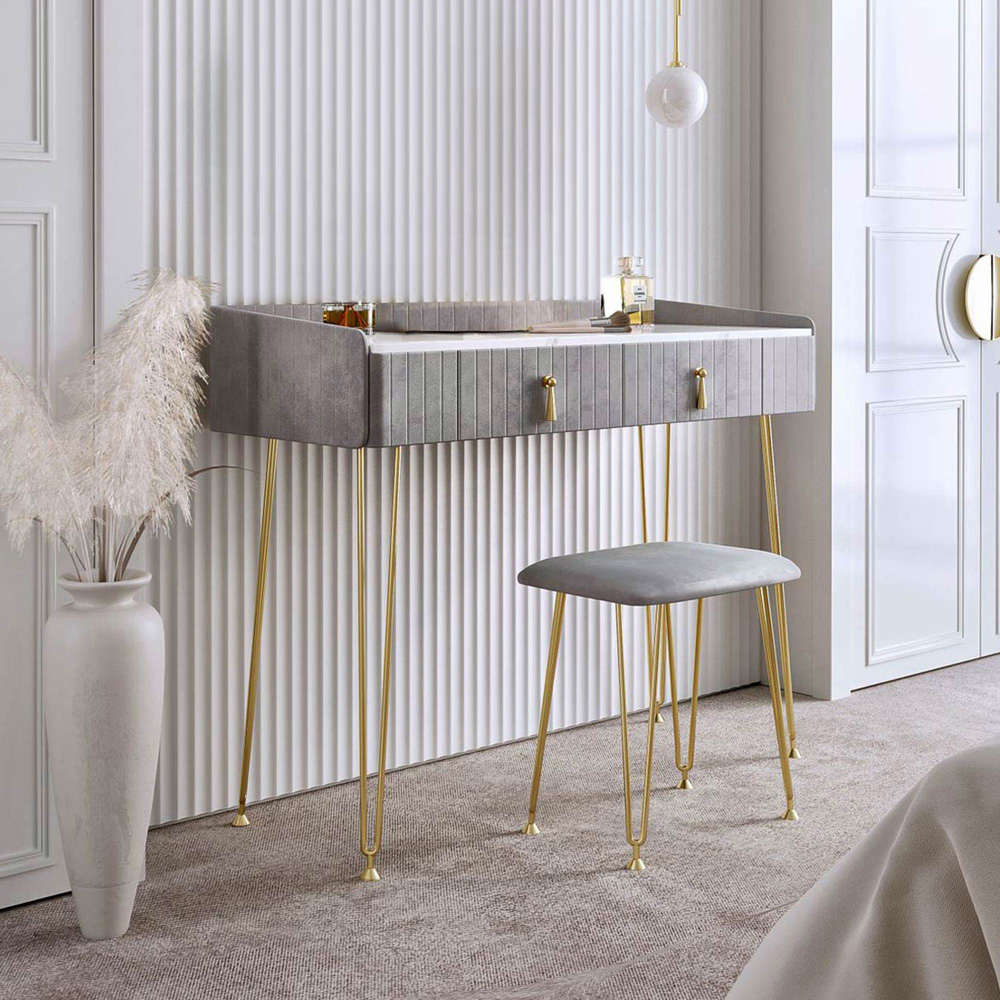 CARME Home Tokyo Glow Grey Velvet Dressing Table with Stool Set Image 6