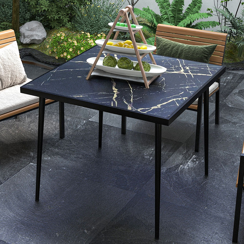 Outsunny 4 Seater Square Garden Dining Table Black with Marble Effect Image 1