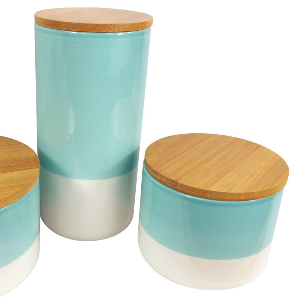 Leaf Set of 3 Aqua Green Ceramic Storage Jar with Bamboo Lid Image 6