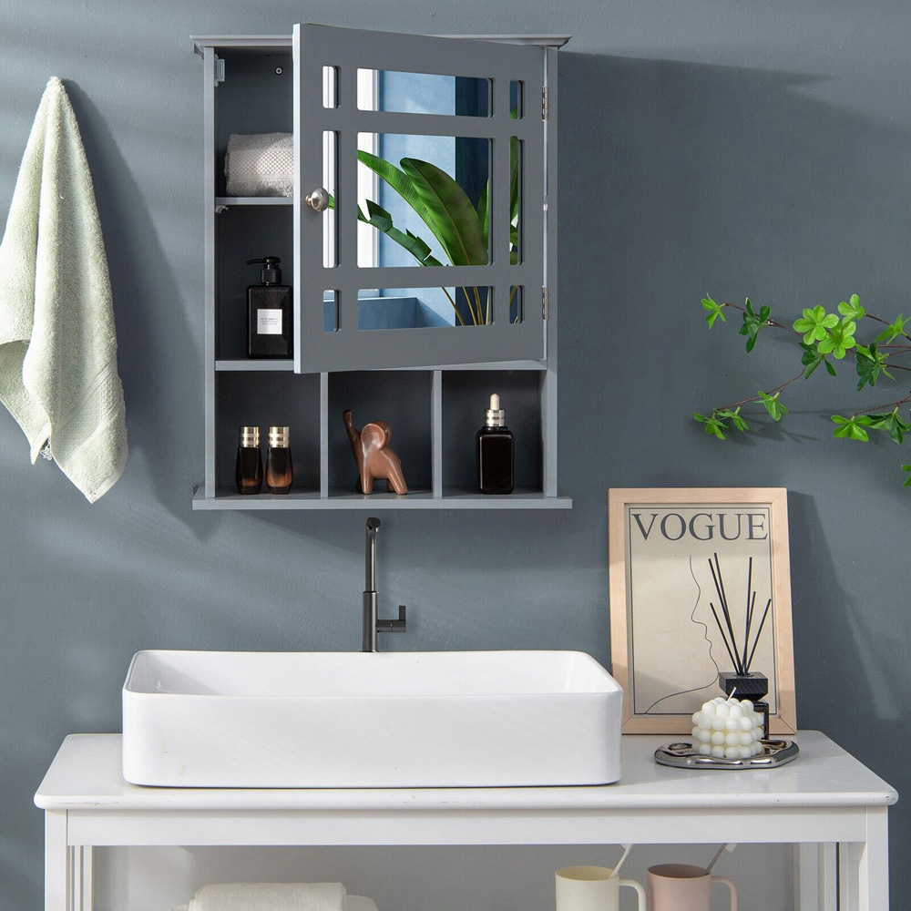 Costway Grey Mirror Door Cabinet 3 Shelf Image 4