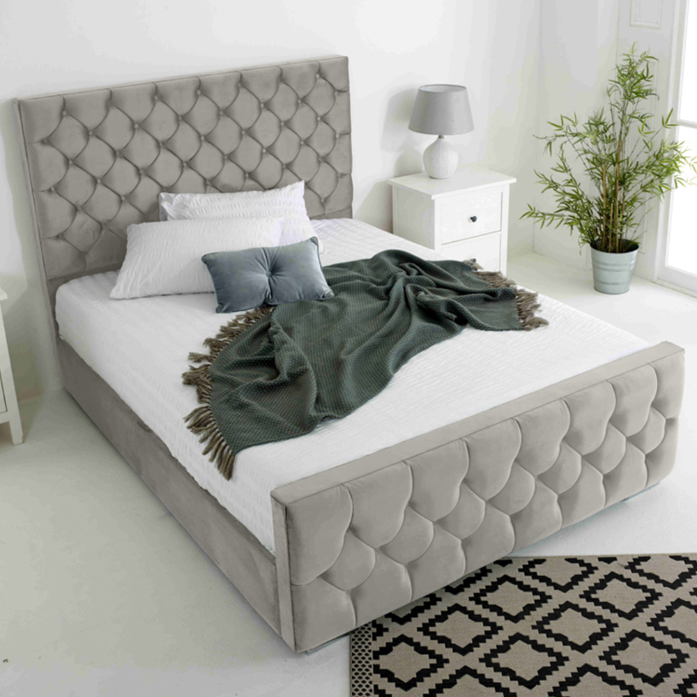 Eleganza Maya Single Silver Plush Velvet Bed Frame with Chesterfield Headboard Image 1