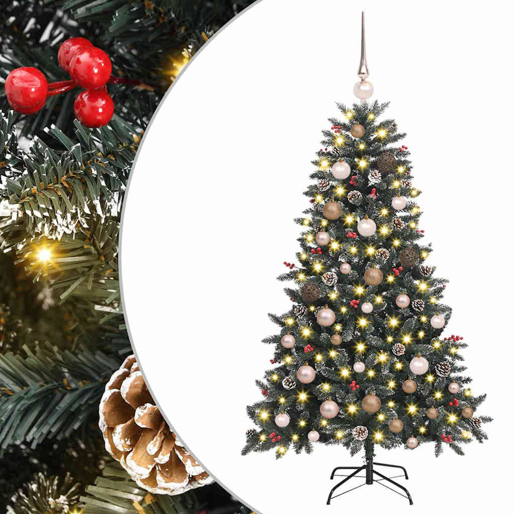 vidaXL Pre-Lit Rose Gold Bauble Pinecones Berries Green Snow Flocked Artificial Christmas Tree 5ft Image 4